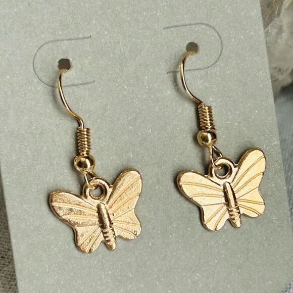 3/$15 Yellow Gold Butterfly Dangle Earrings - Picture 4 of 5